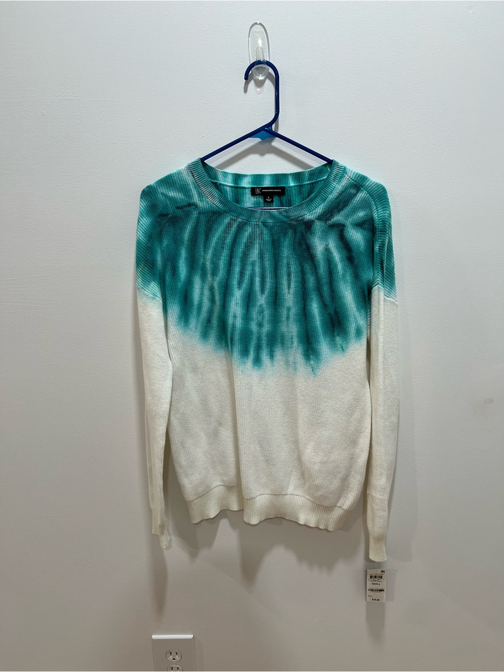 INC 100% Cotton White and Teal Dip-Dye Crewneck Sweater